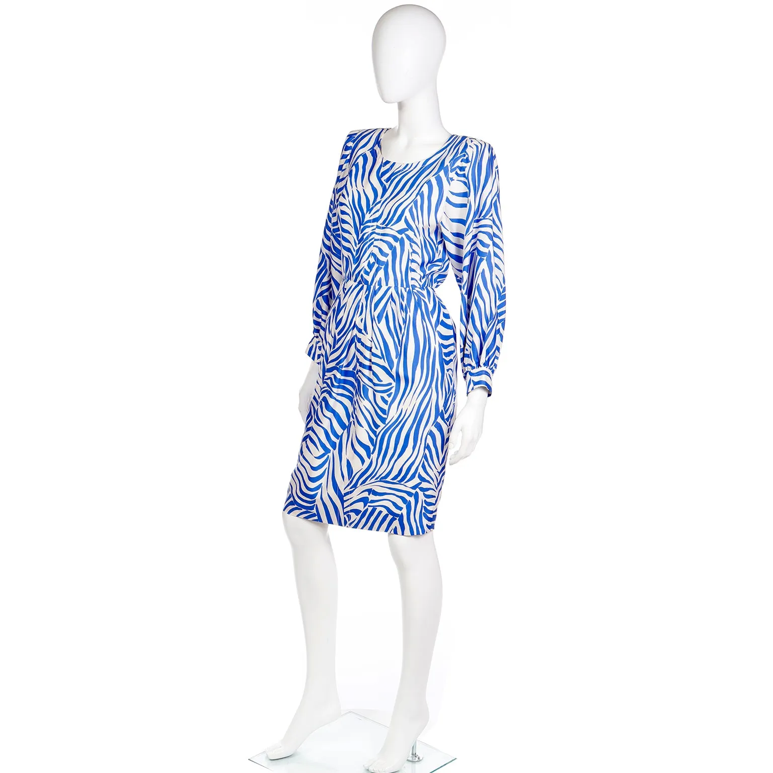 1980s Vintage Yves Saint Laurent Abstract Zebra Stripe Blue Silk Dress