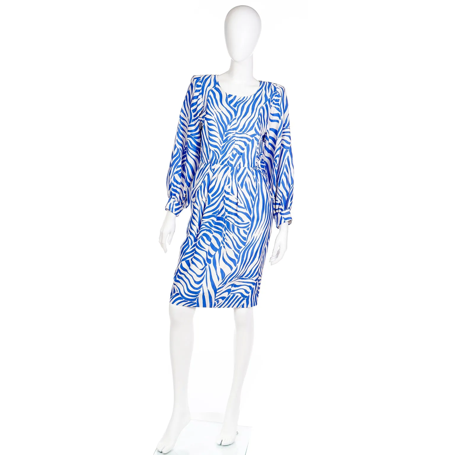1980s Vintage Yves Saint Laurent Abstract Zebra Stripe Blue Silk Dress