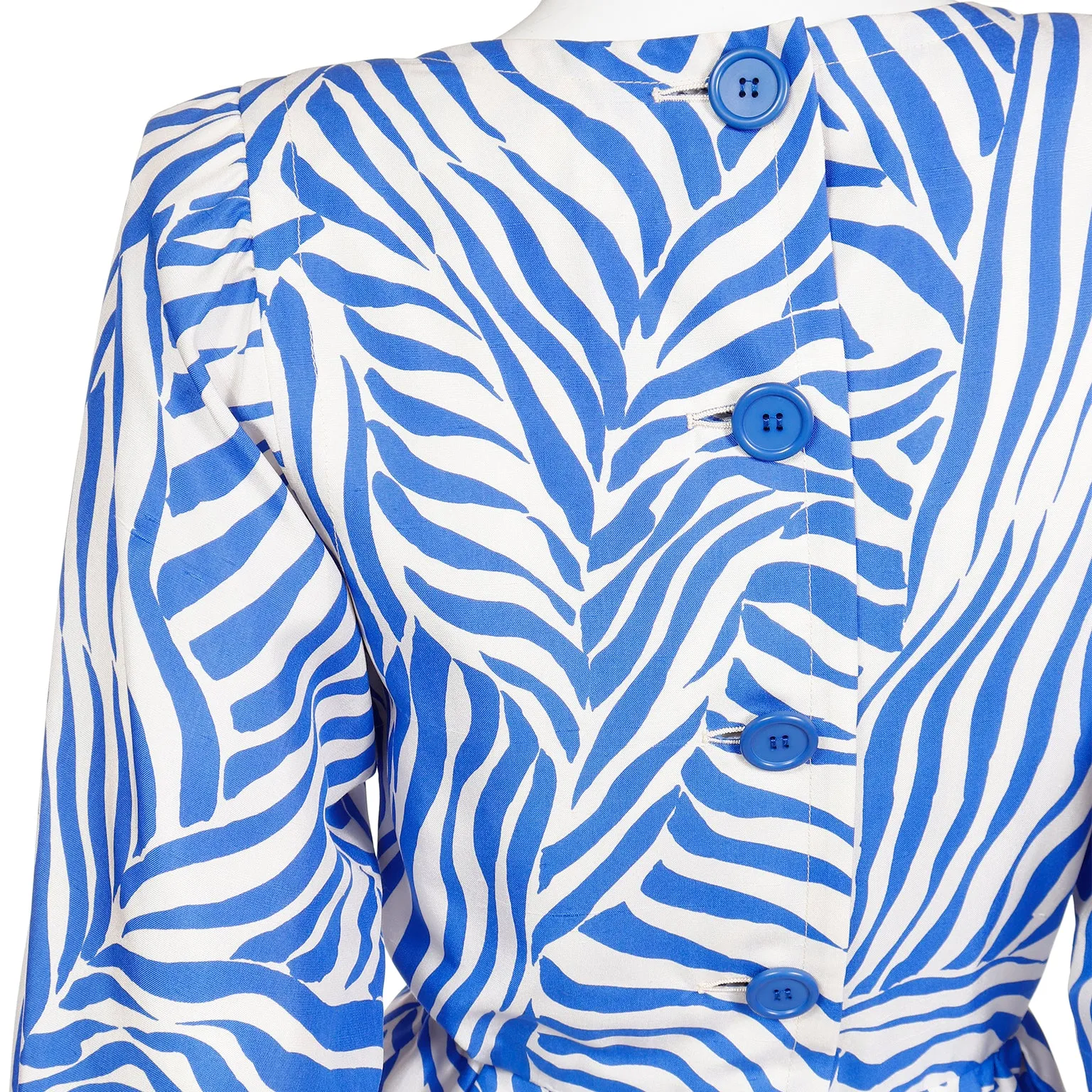 1980s Vintage Yves Saint Laurent Abstract Zebra Stripe Blue Silk Dress