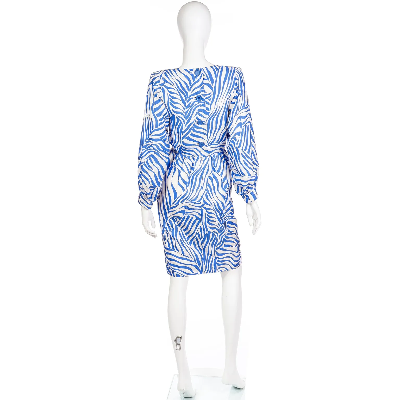 1980s Vintage Yves Saint Laurent Abstract Zebra Stripe Blue Silk Dress