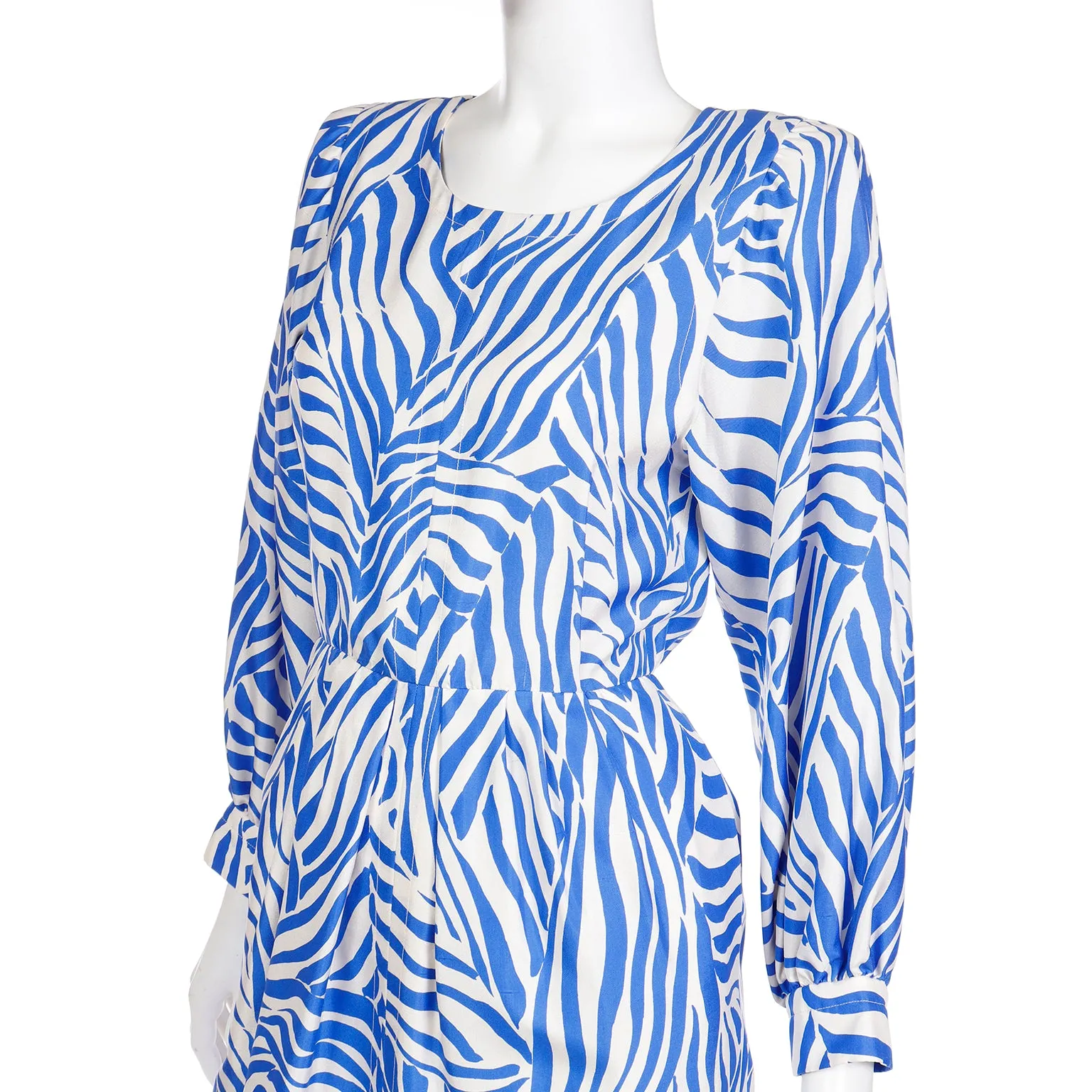 1980s Vintage Yves Saint Laurent Abstract Zebra Stripe Blue Silk Dress