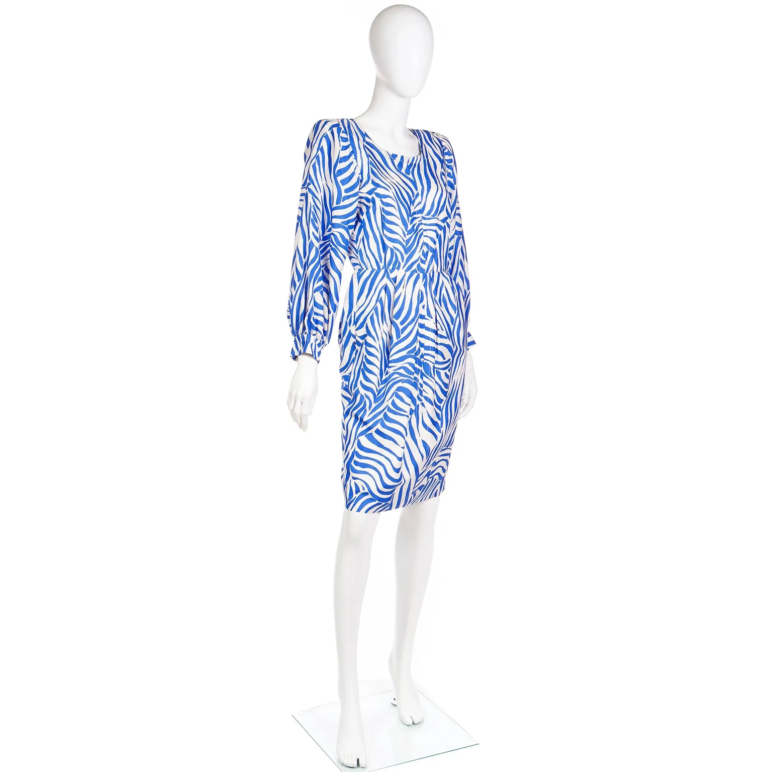 1980s Vintage Yves Saint Laurent Abstract Zebra Stripe Blue Silk Dress