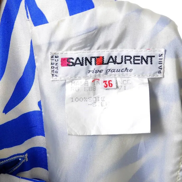 1980s Vintage Yves Saint Laurent Abstract Zebra Stripe Blue Silk Dress