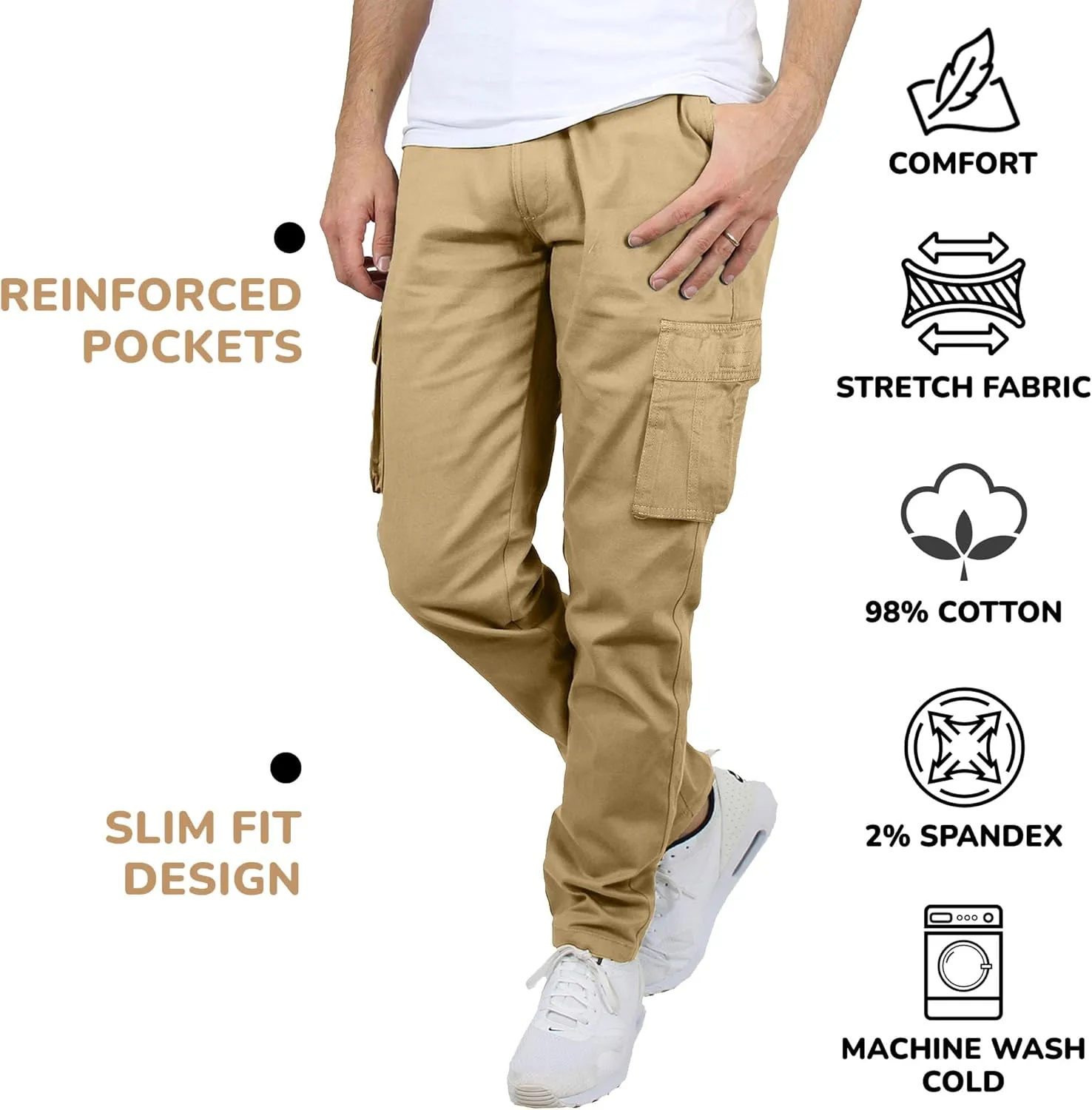 2-Pack Men's Flex-Stretch Cotton Cargo Pants, 31-Inch Inseam - Comfortable and Durable