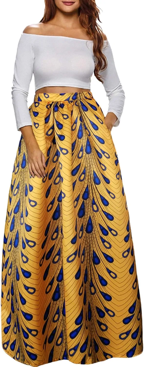 Afibi Women African Printed Maxi Skirt Flared Skirt A Line Long Skirts with Pockets S-5XL