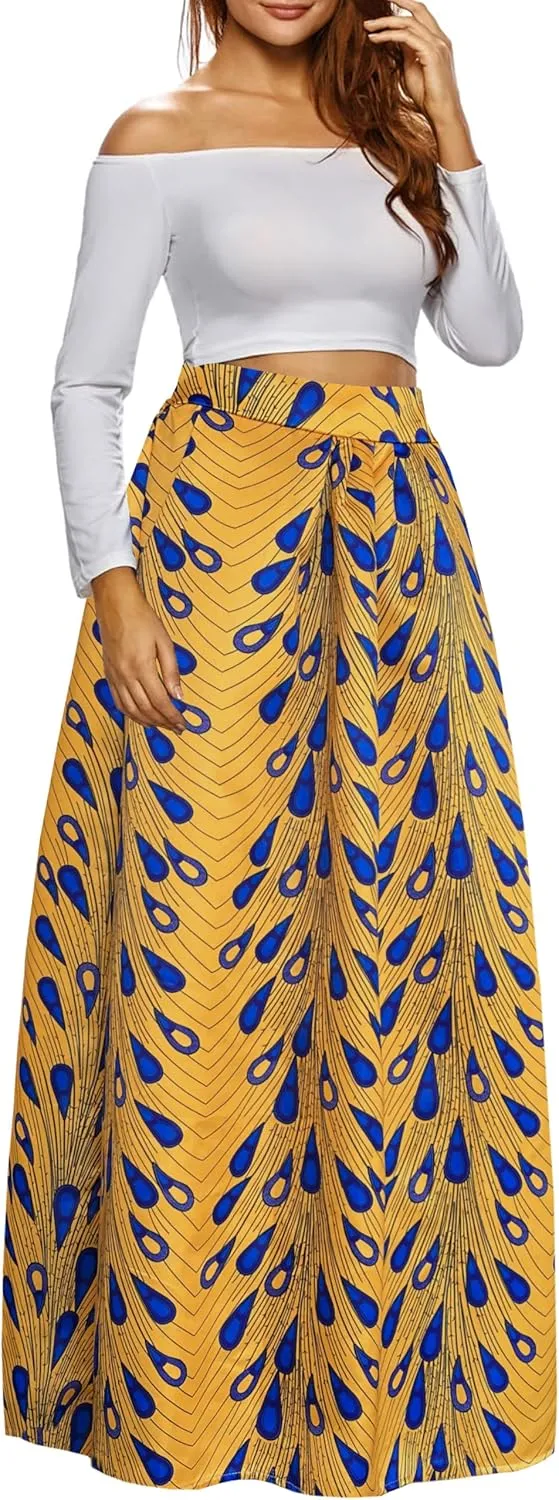 Afibi Women African Printed Maxi Skirt Flared Skirt A Line Long Skirts with Pockets S-5XL