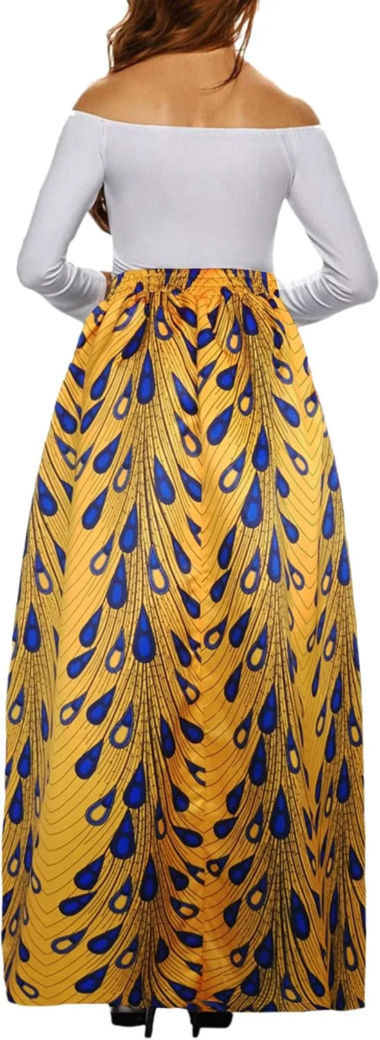 Afibi Women African Printed Maxi Skirt Flared Skirt A Line Long Skirts with Pockets S-5XL