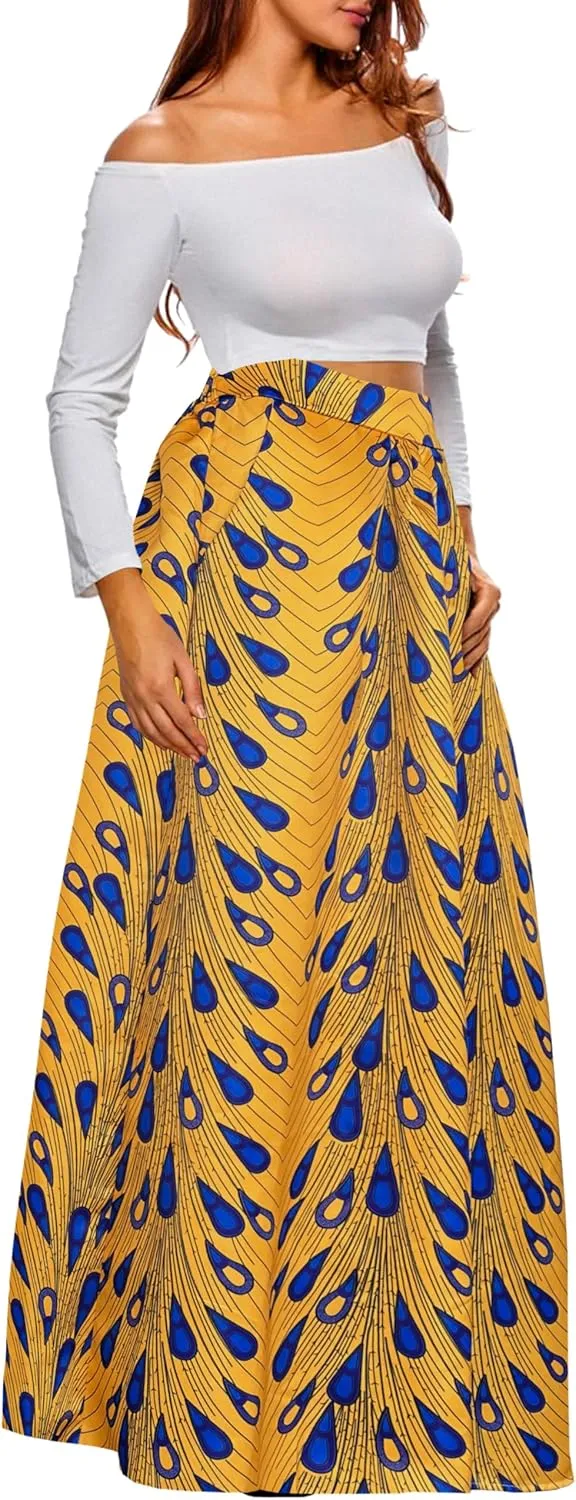 Afibi Women African Printed Maxi Skirt Flared Skirt A Line Long Skirts with Pockets S-5XL