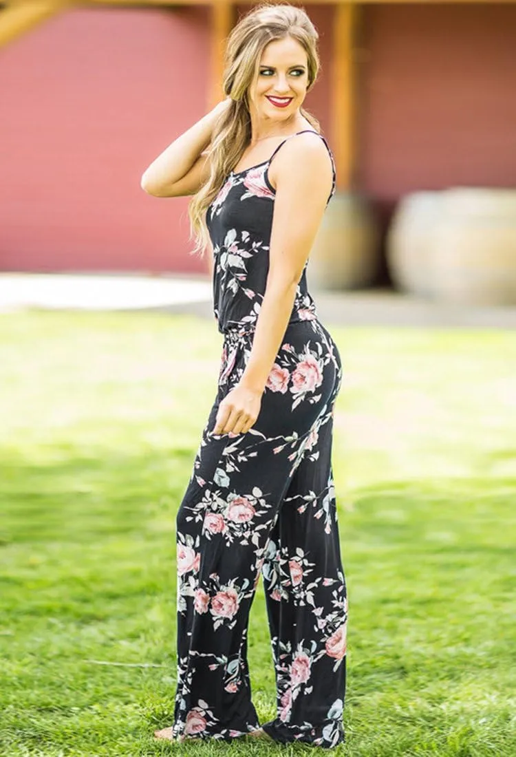AMiERY Women's Floral Printed Jumpsuits Solid Rompers Casual Comfy Striped Jumpsuit with Pockets