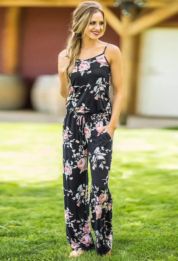 AMiERY Women's Floral Printed Jumpsuits Solid Rompers Casual Comfy Striped Jumpsuit with Pockets