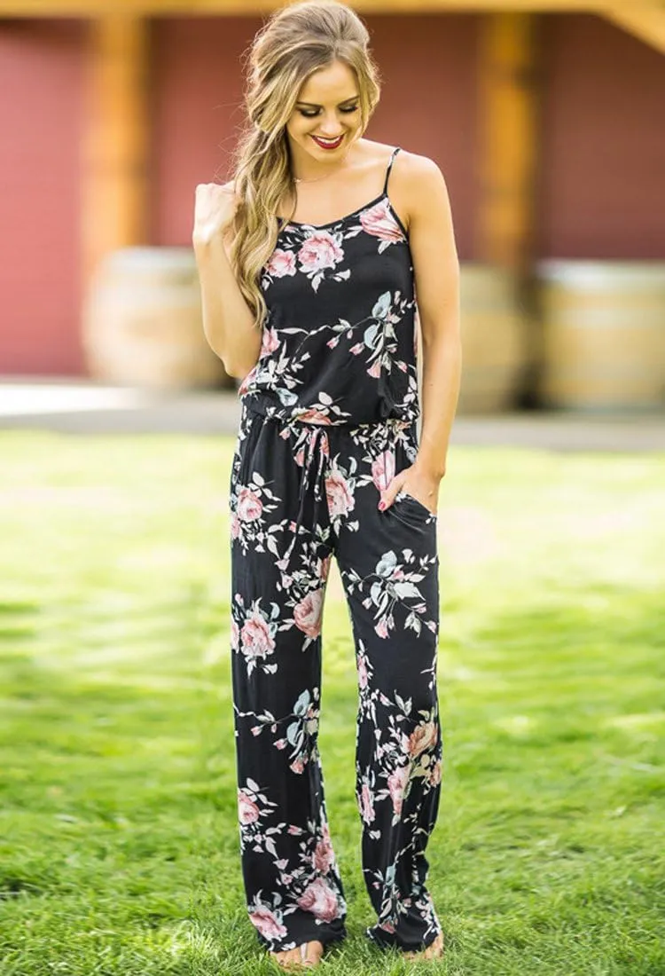 AMiERY Women's Floral Printed Jumpsuits Solid Rompers Casual Comfy Striped Jumpsuit with Pockets