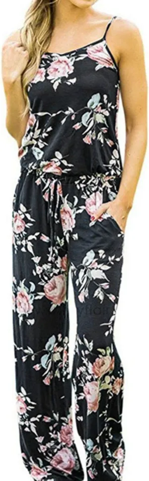 AMiERY Women's Floral Printed Jumpsuits Solid Rompers Casual Comfy Striped Jumpsuit with Pockets