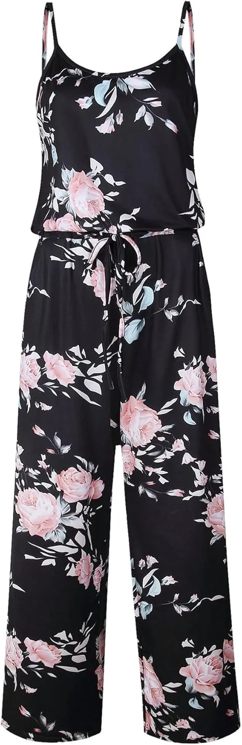 AMiERY Women's Floral Printed Jumpsuits Solid Rompers Casual Comfy Striped Jumpsuit with Pockets