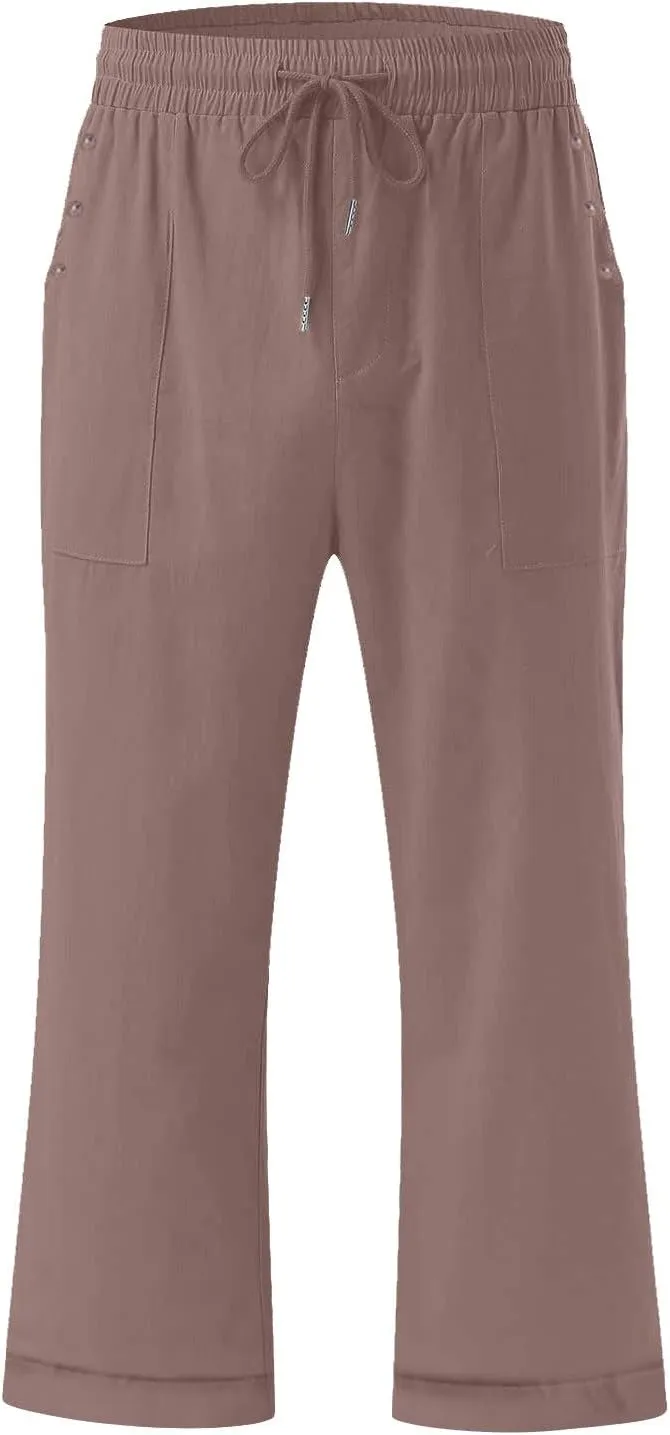 Anjikang Womens Capris for Summer Plus Size Lightweight Linen Capri Pants High Waisted Wide Leg Cropped Pants with Pockets