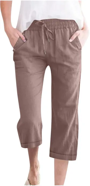 Anjikang Womens Capris for Summer Plus Size Lightweight Linen Capri Pants High Waisted Wide Leg Cropped Pants with Pockets