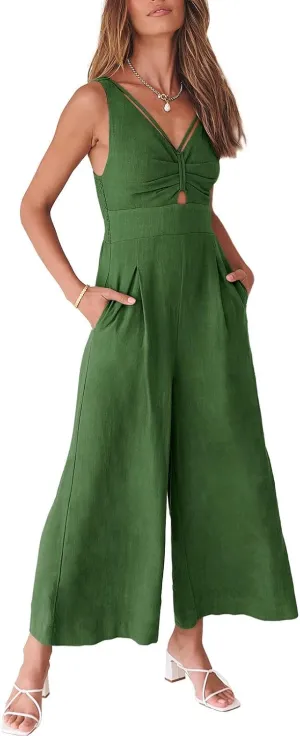 ANRABESS Women's Jumpsuits Summer Wide Leg Sleeveless V Neck Casual Dressy Linen Pants Rompers 2025 Vacation Beach Outfits