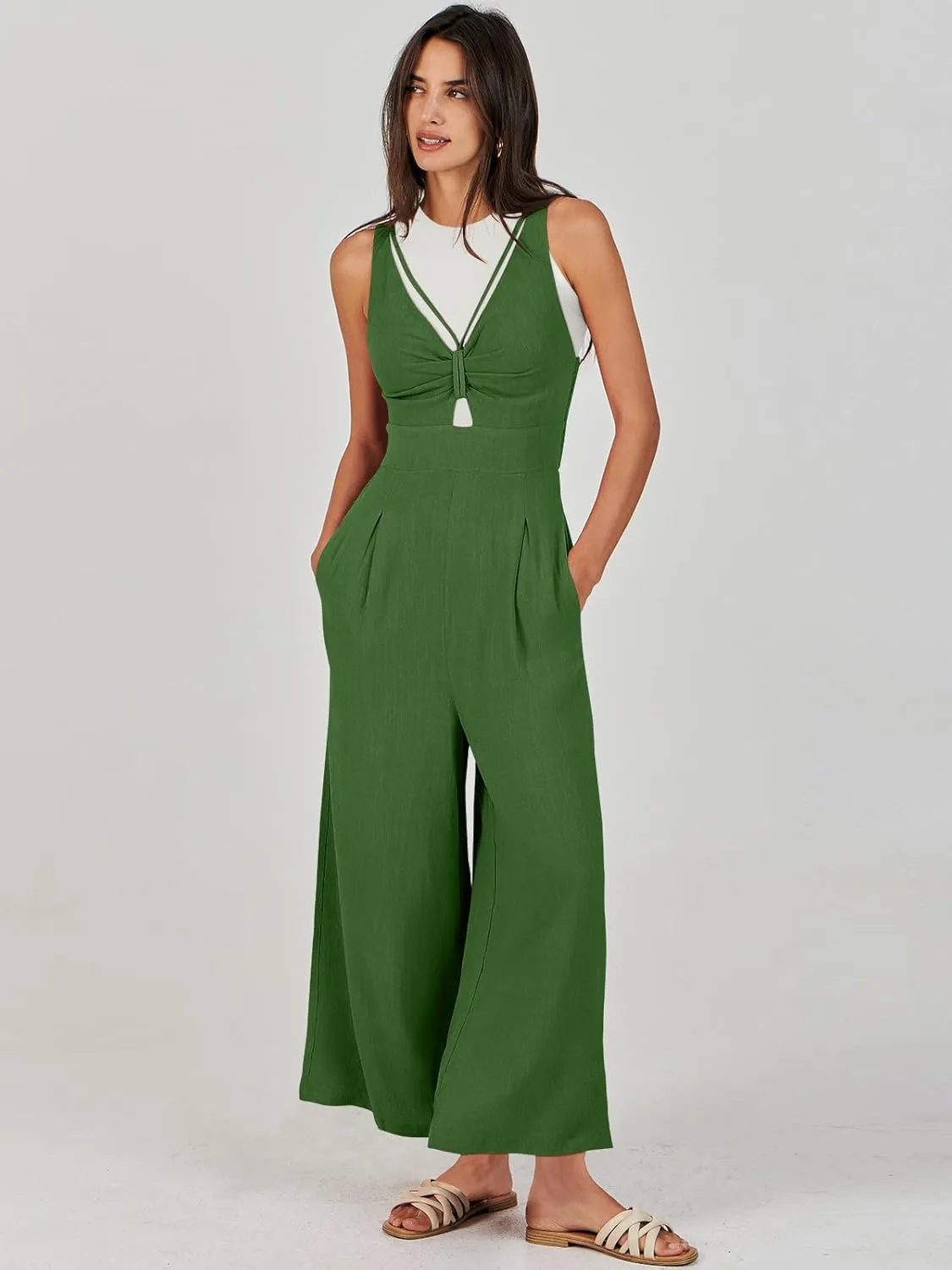 ANRABESS Women's Jumpsuits Summer Wide Leg Sleeveless V Neck Casual Dressy Linen Pants Rompers 2025 Vacation Beach Outfits