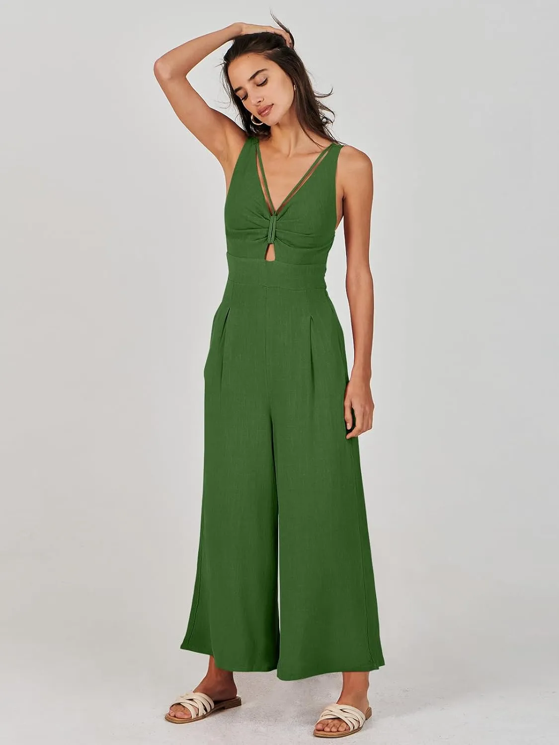 ANRABESS Women's Jumpsuits Summer Wide Leg Sleeveless V Neck Casual Dressy Linen Pants Rompers 2025 Vacation Beach Outfits