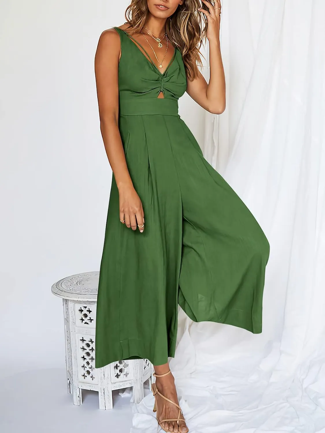 ANRABESS Women's Jumpsuits Summer Wide Leg Sleeveless V Neck Casual Dressy Linen Pants Rompers 2025 Vacation Beach Outfits