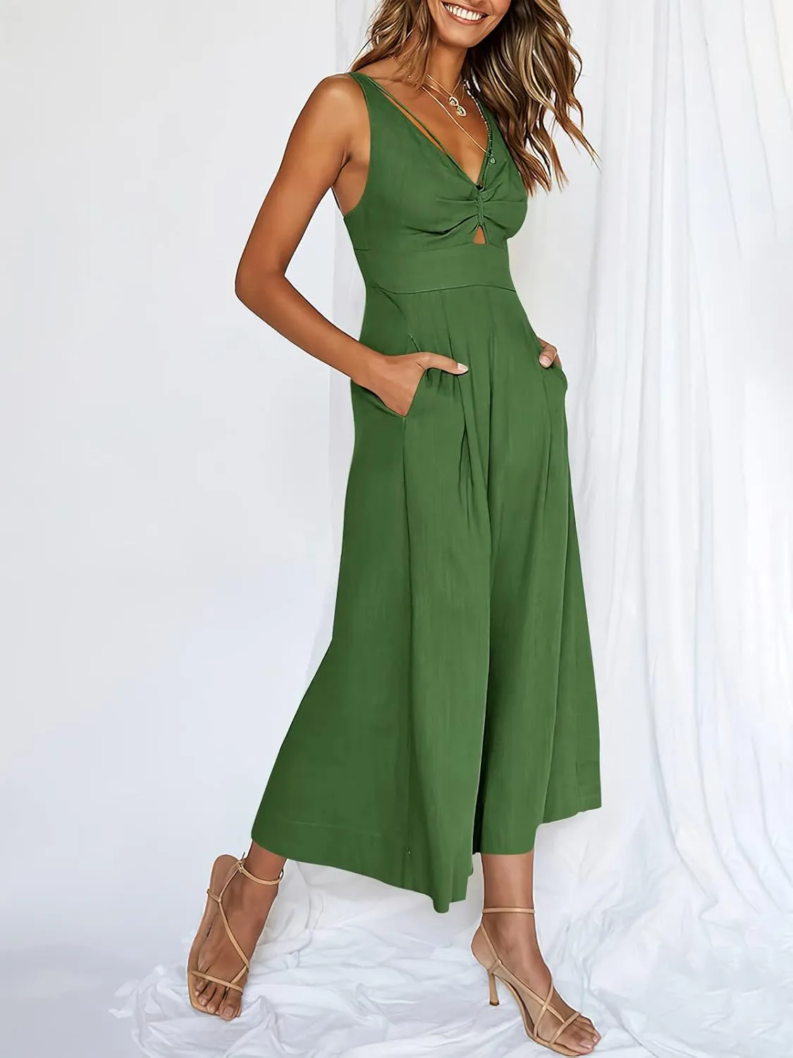 ANRABESS Women's Jumpsuits Summer Wide Leg Sleeveless V Neck Casual Dressy Linen Pants Rompers 2025 Vacation Beach Outfits