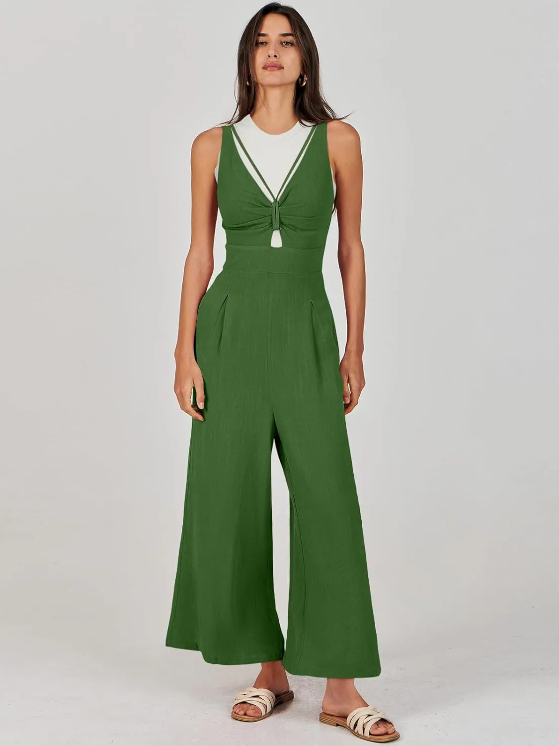 ANRABESS Women's Jumpsuits Summer Wide Leg Sleeveless V Neck Casual Dressy Linen Pants Rompers 2025 Vacation Beach Outfits