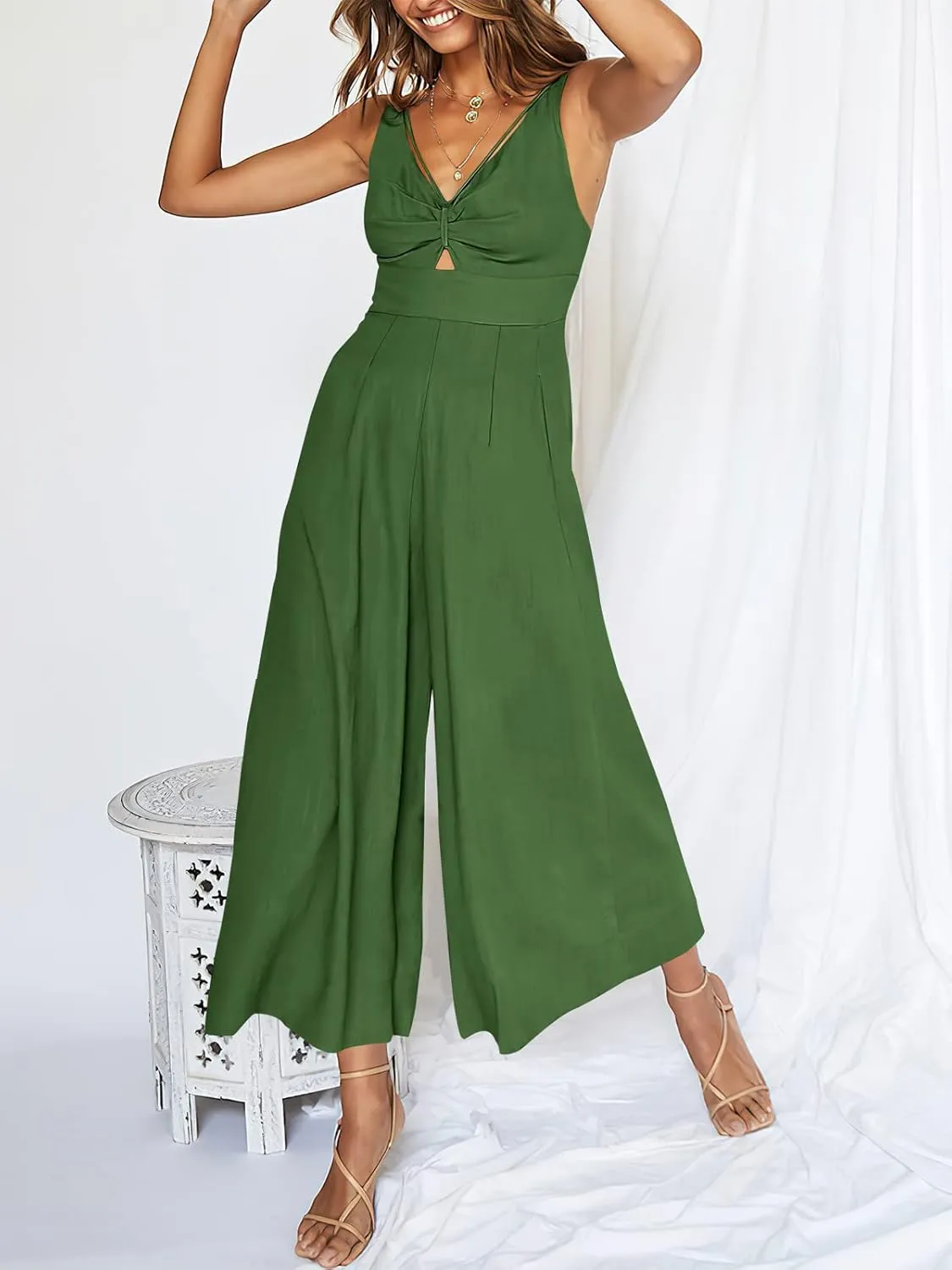 ANRABESS Women's Jumpsuits Summer Wide Leg Sleeveless V Neck Casual Dressy Linen Pants Rompers 2025 Vacation Beach Outfits