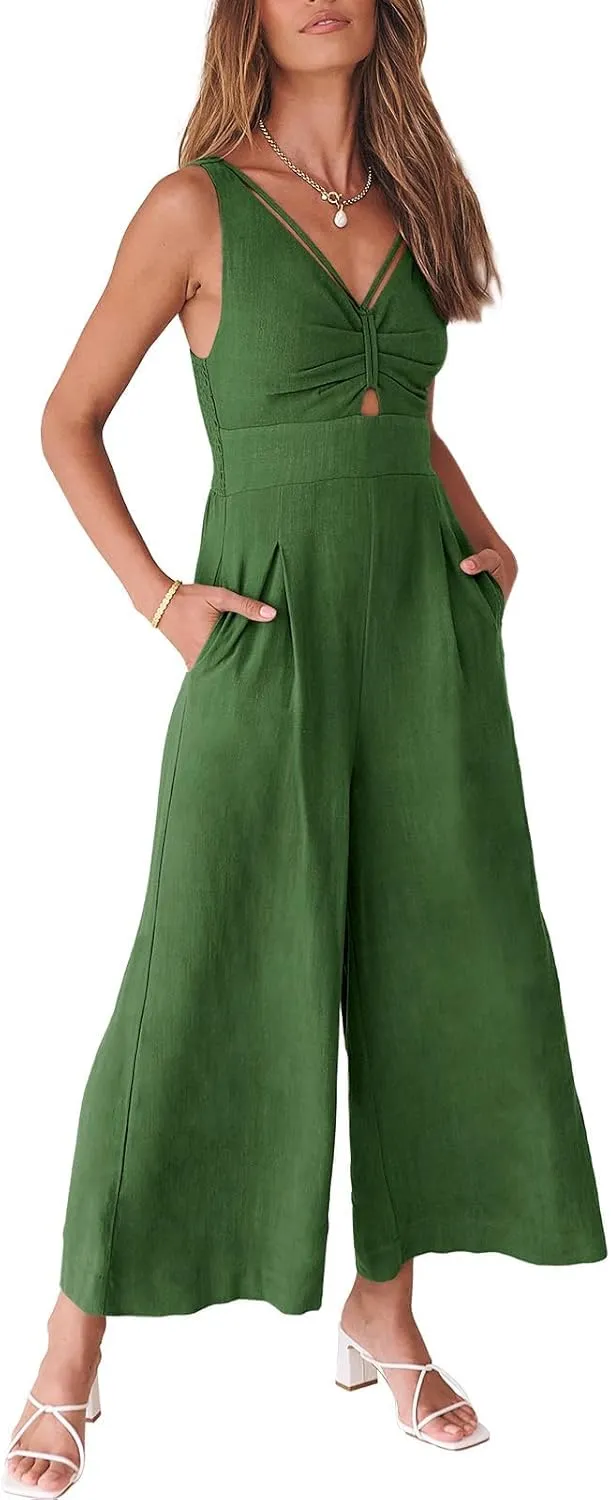 ANRABESS Women's Jumpsuits Summer Wide Leg Sleeveless V Neck Casual Dressy Linen Pants Rompers 2025 Vacation Beach Outfits
