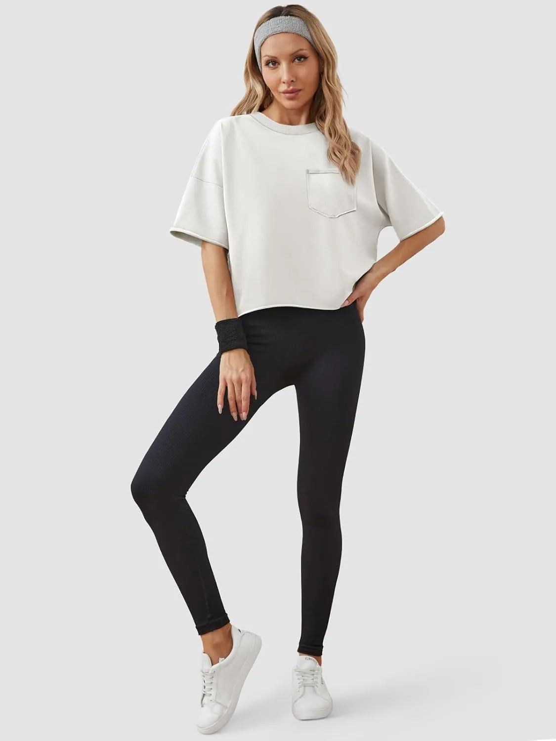 ATHMILE Womens Oversized T-Shirts Short Sleeve Workout Crop Tops Casual Drop Shoulder Boxy Roll Hem Basic Loose Tees