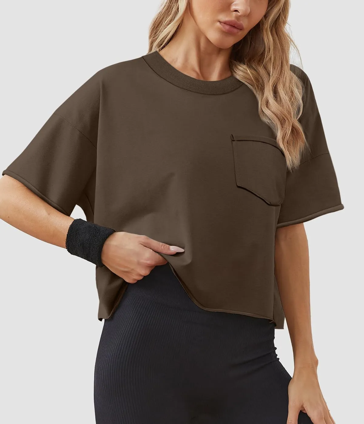 ATHMILE Womens Oversized T-Shirts Short Sleeve Workout Crop Tops Casual Drop Shoulder Boxy Roll Hem Basic Loose Tees