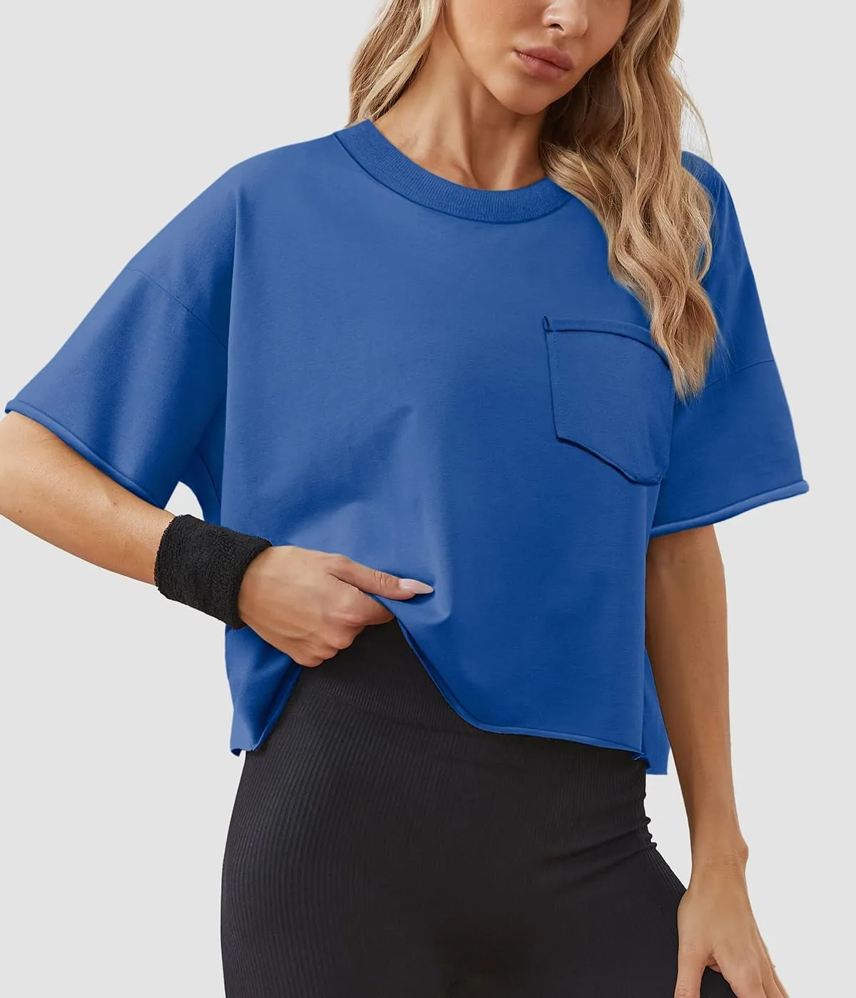 ATHMILE Womens Oversized T-Shirts Short Sleeve Workout Crop Tops Casual Drop Shoulder Boxy Roll Hem Basic Loose Tees