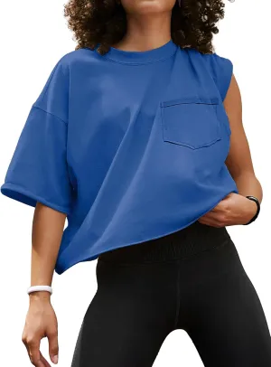 ATHMILE Womens Oversized T-Shirts Short Sleeve Workout Crop Tops Casual Drop Shoulder Boxy Roll Hem Basic Loose Tees