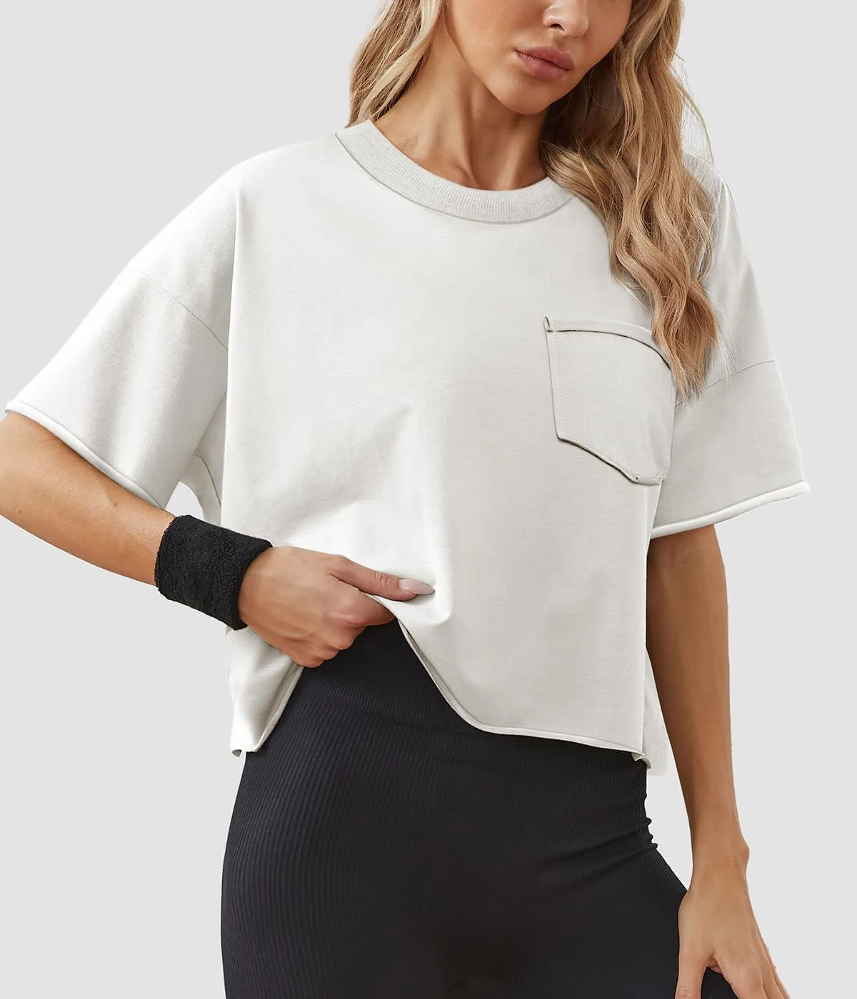 ATHMILE Womens Oversized T-Shirts Short Sleeve Workout Crop Tops Casual Drop Shoulder Boxy Roll Hem Basic Loose Tees