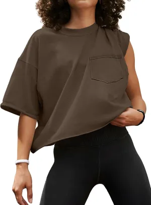 ATHMILE Womens Oversized T-Shirts Short Sleeve Workout Crop Tops Casual Drop Shoulder Boxy Roll Hem Basic Loose Tees