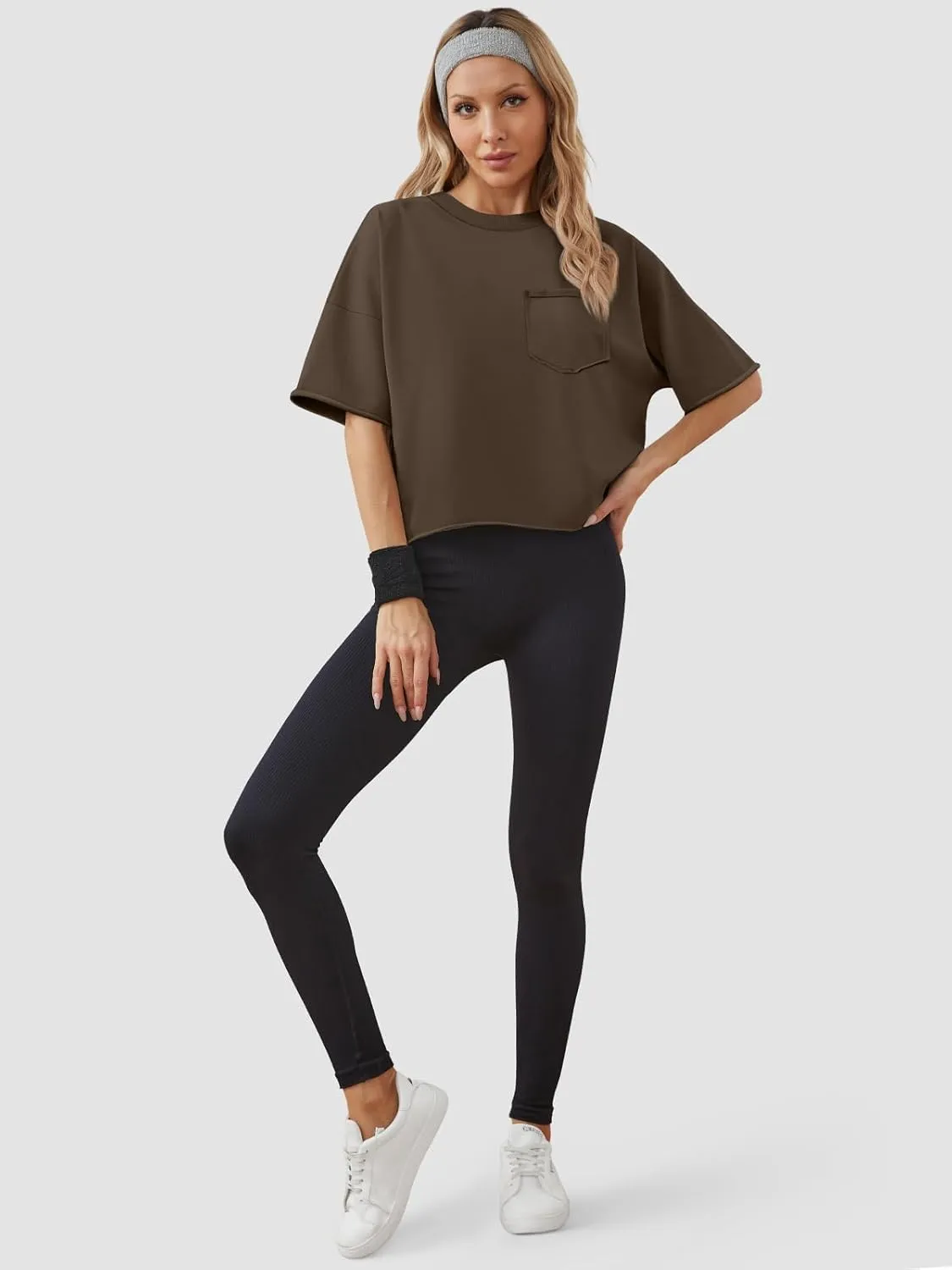 ATHMILE Womens Oversized T-Shirts Short Sleeve Workout Crop Tops Casual Drop Shoulder Boxy Roll Hem Basic Loose Tees