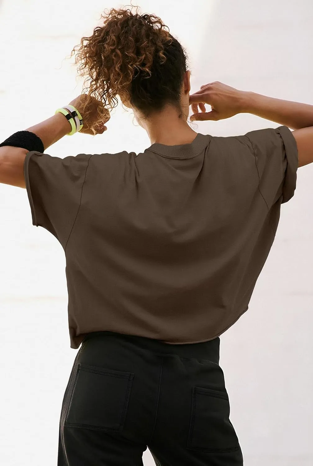 ATHMILE Womens Oversized T-Shirts Short Sleeve Workout Crop Tops Casual Drop Shoulder Boxy Roll Hem Basic Loose Tees