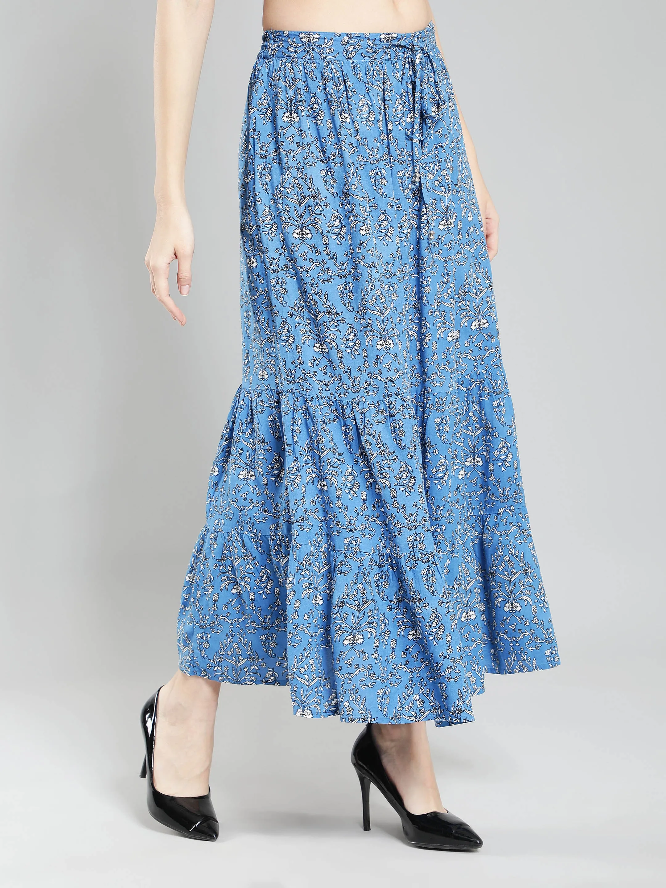 Blue floral Print Viscose Maxi Skirt