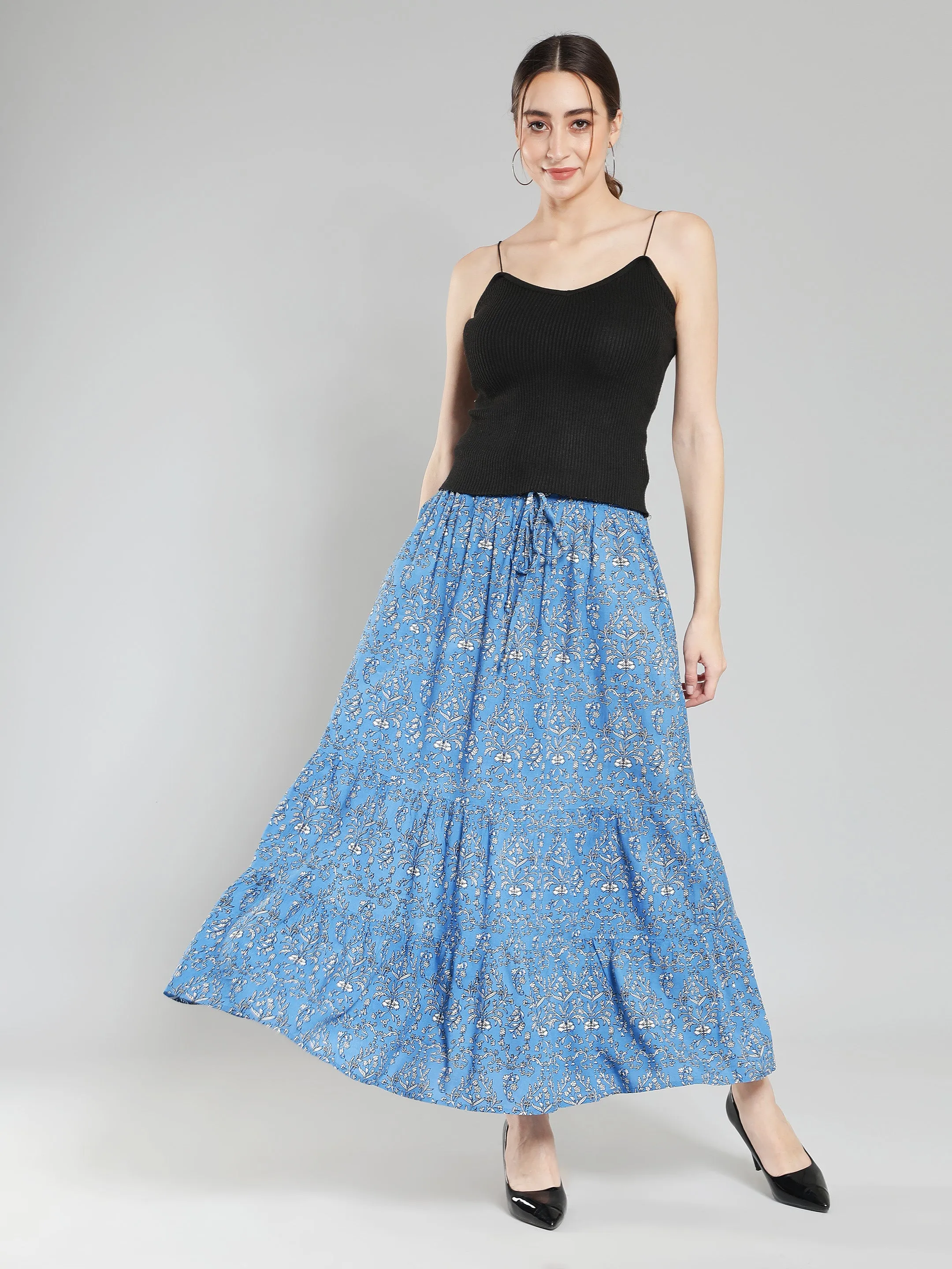 Blue floral Print Viscose Maxi Skirt