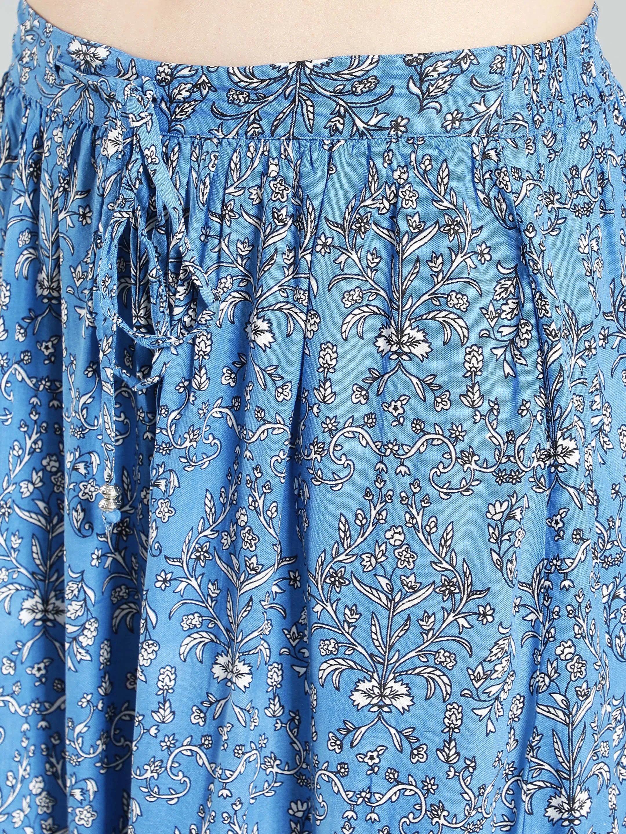 Blue floral Print Viscose Maxi Skirt