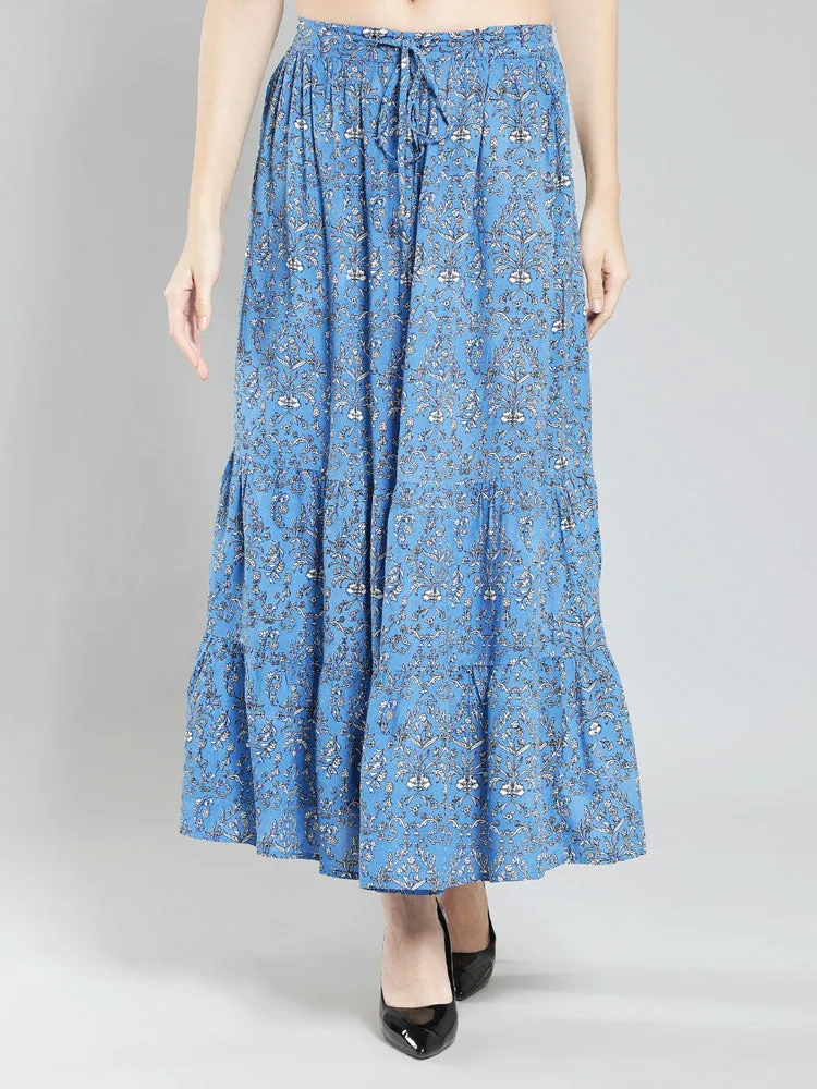 Blue floral Print Viscose Maxi Skirt