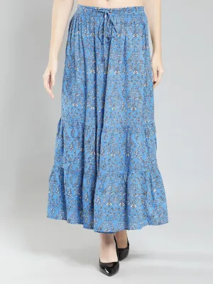 Blue floral Print Viscose Maxi Skirt