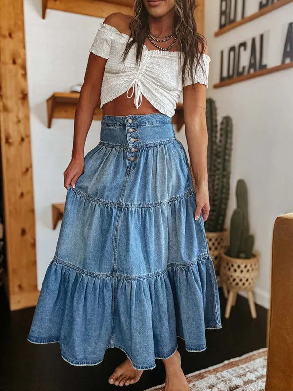 Blue Zone Planet |  Bohemian A-line Tiered Denim Maxi Skirt