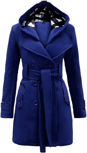 BOFETA Womens Lapel Double Breasted Mid Length Pea Coat Hooded Winter Trench Coat Jackets with Belt