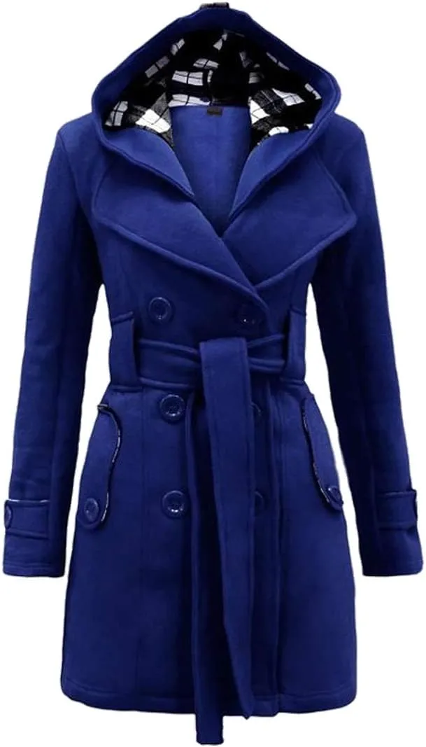 BOFETA Womens Lapel Double Breasted Mid Length Pea Coat Hooded Winter Trench Coat Jackets with Belt