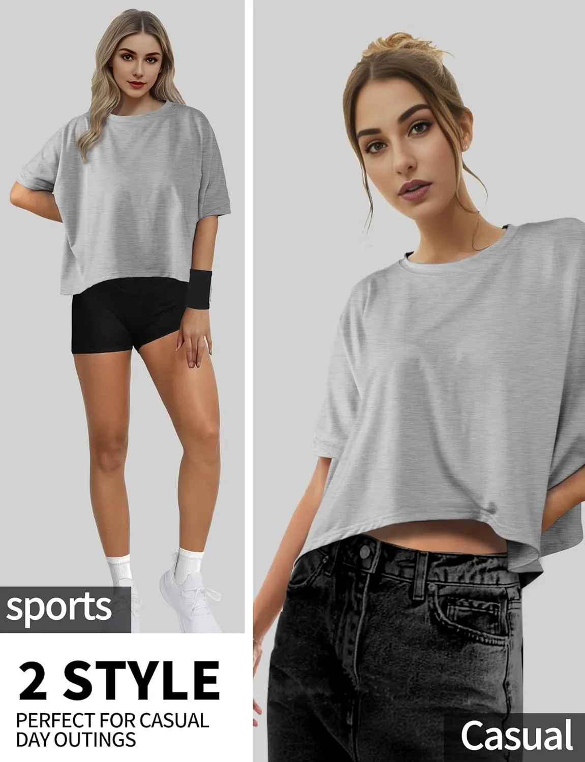 Buauty Womens Oversized Workout T-Shirt, Short Sleeve Crop Tops, Basic Casual Boxy Tshirts, Summer Loose Gym Athletic Tee