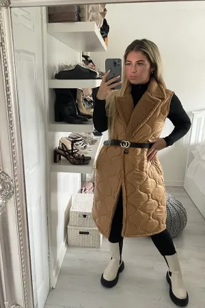 CAMEL QUILTED BELTED WINDBREAKER GILET