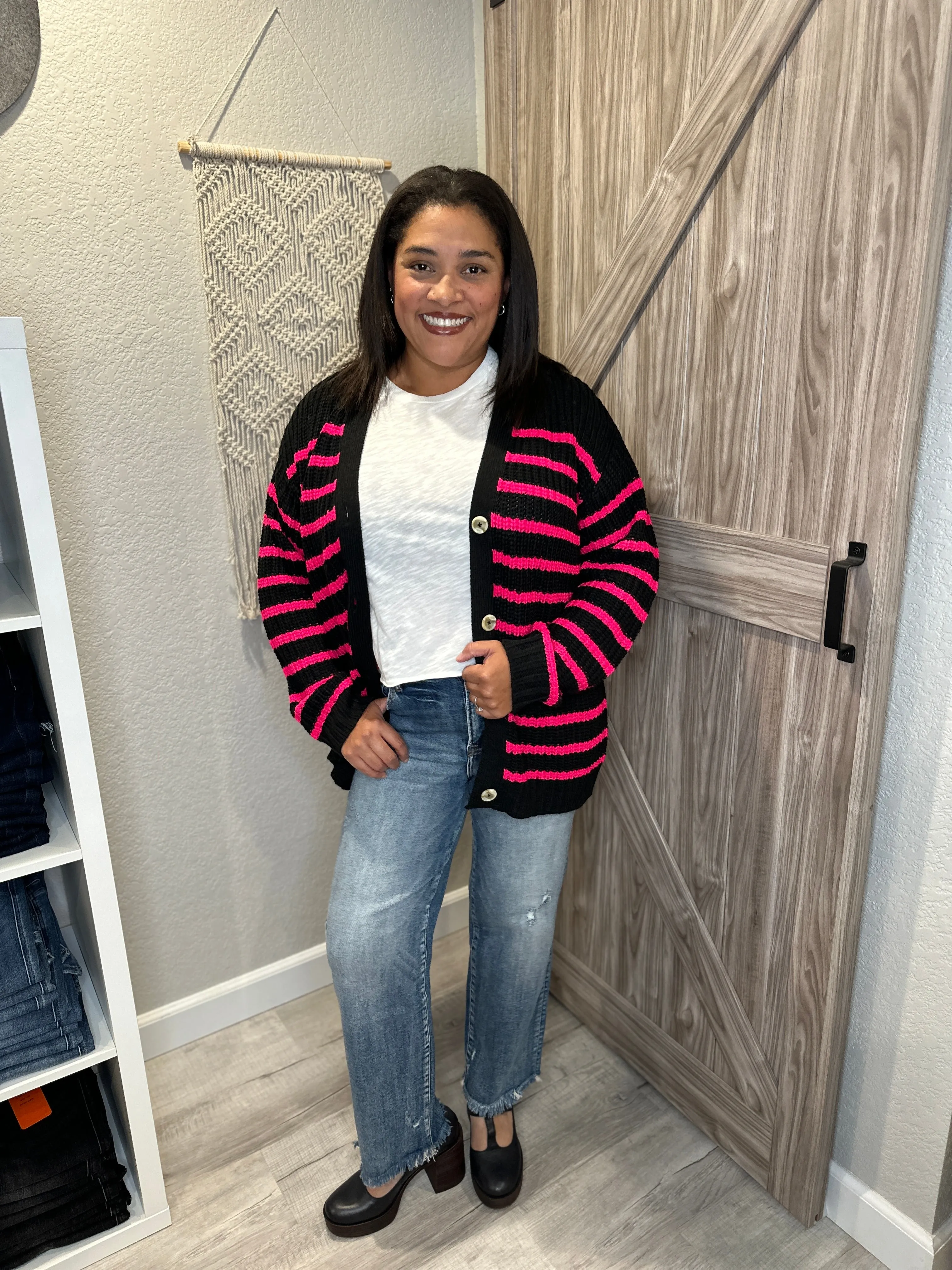 Chaser Black & Pink Chenille Vibe Stripe Cardigan Sweater