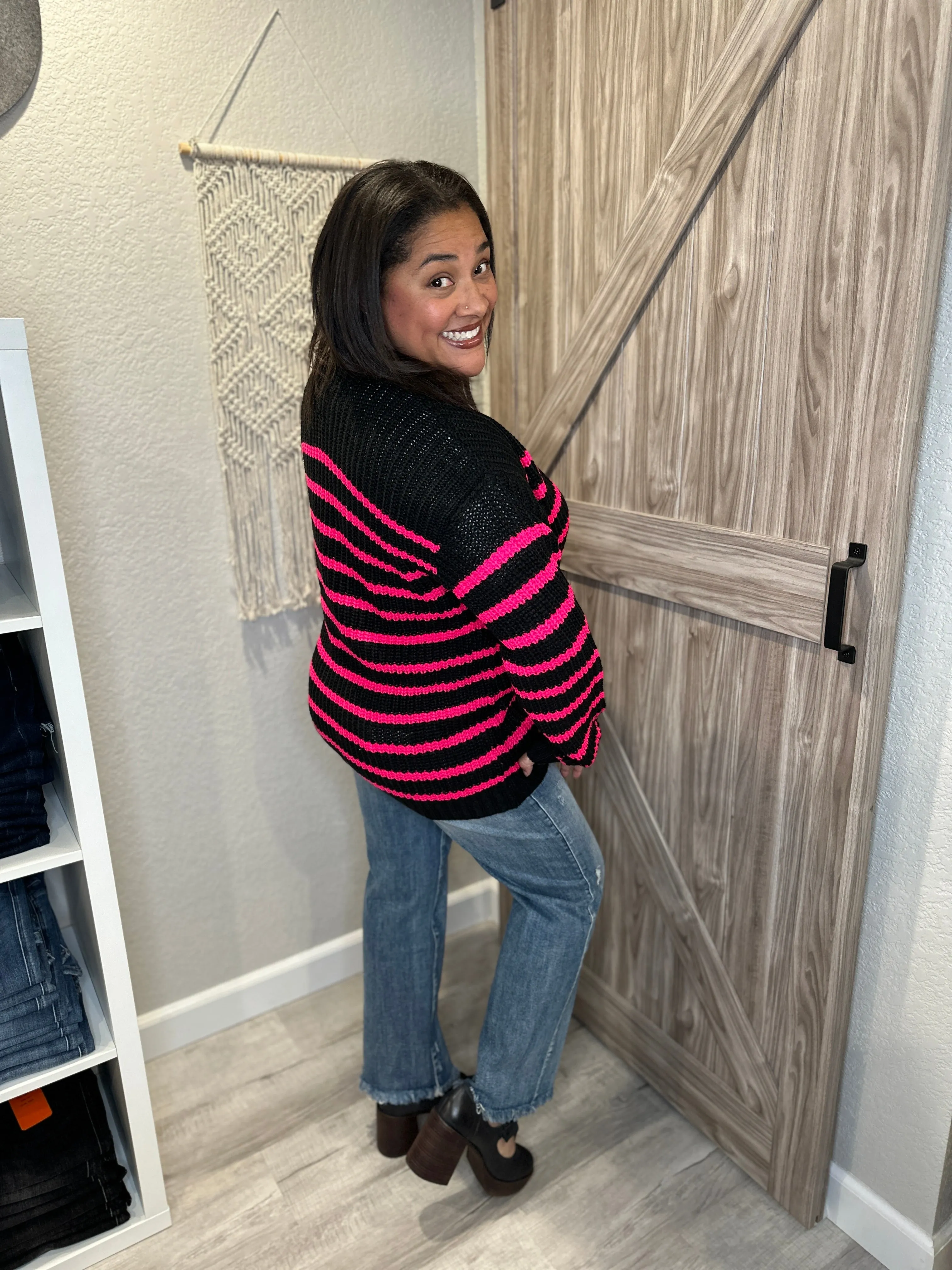 Chaser Black & Pink Chenille Vibe Stripe Cardigan Sweater