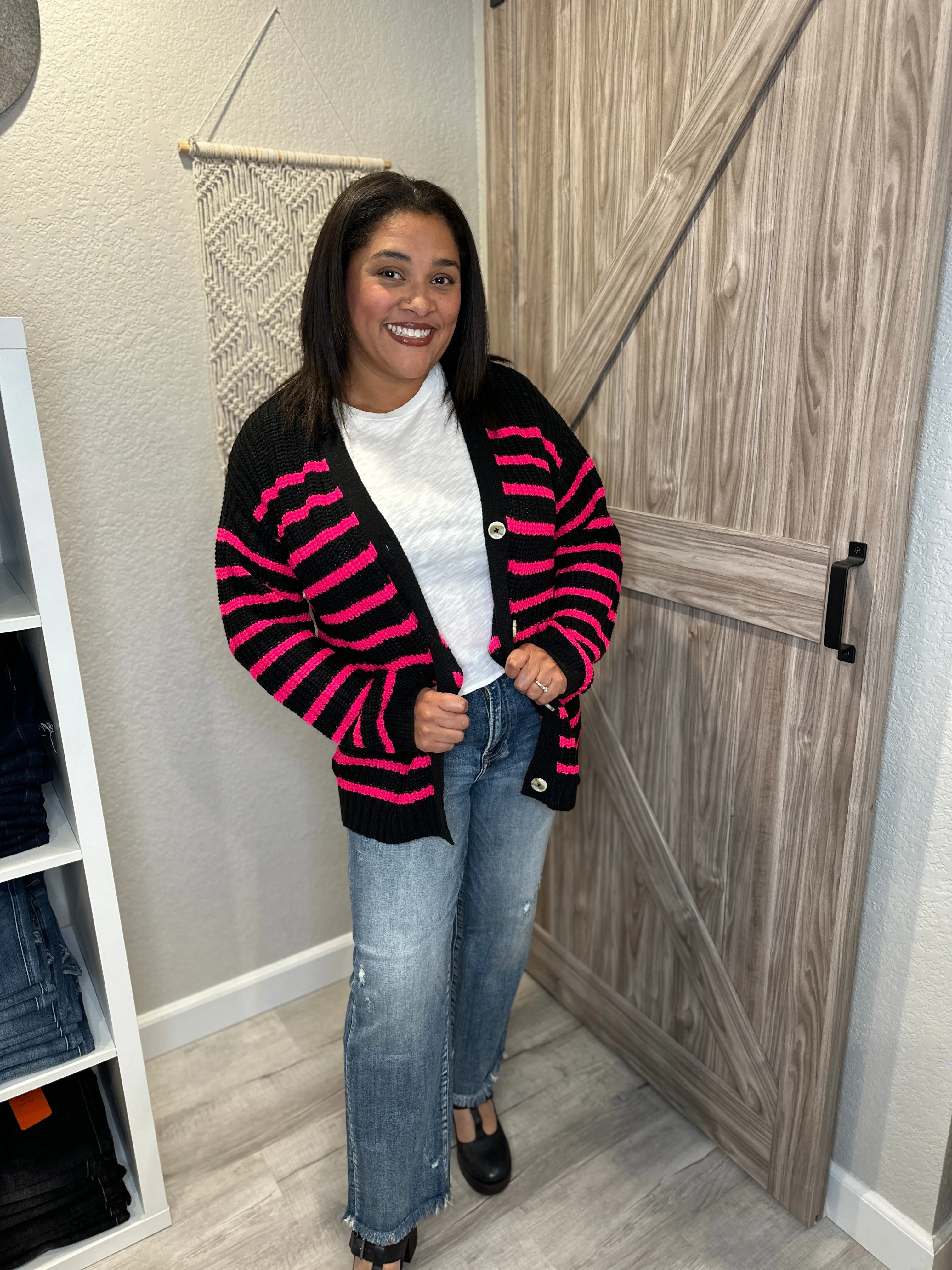 Chaser Black & Pink Chenille Vibe Stripe Cardigan Sweater