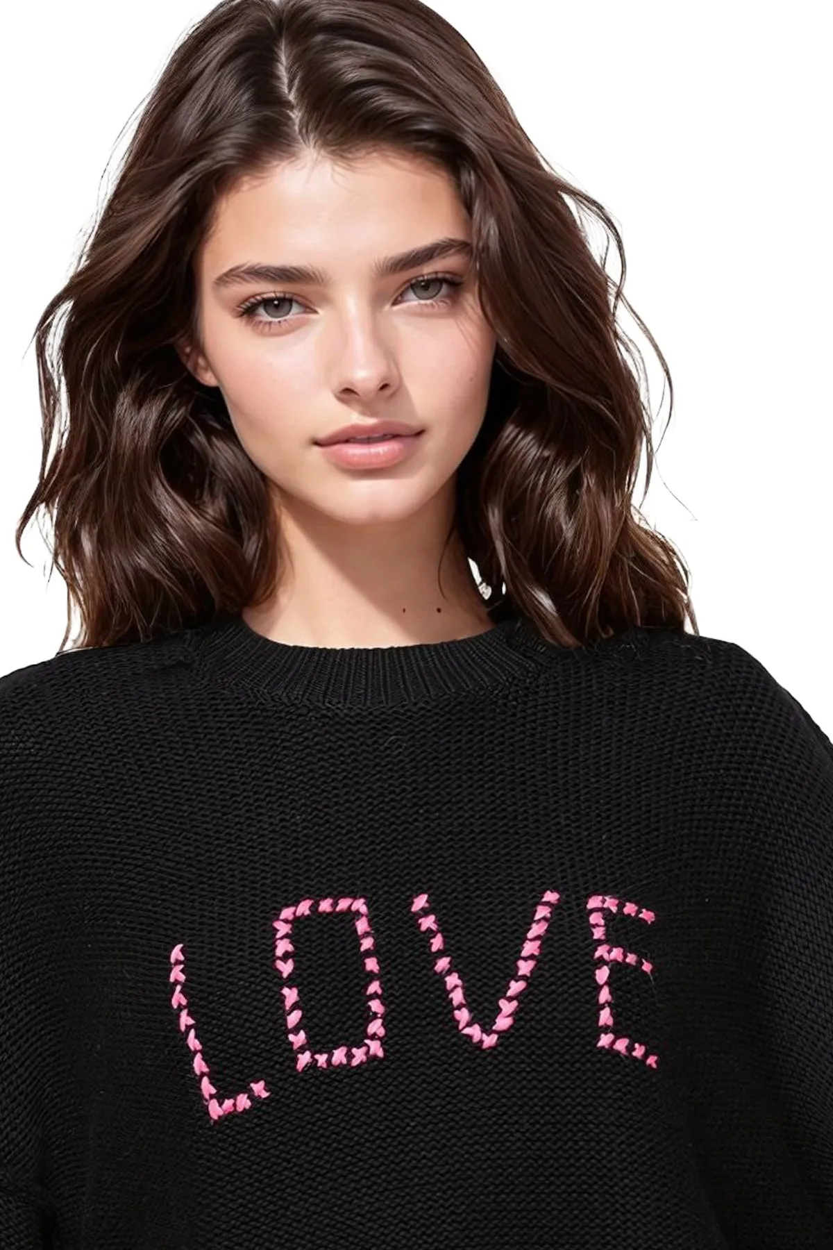 Chunky Cotton Blend Pullover Sweater- Cross Stitch "Love" hand embroidery