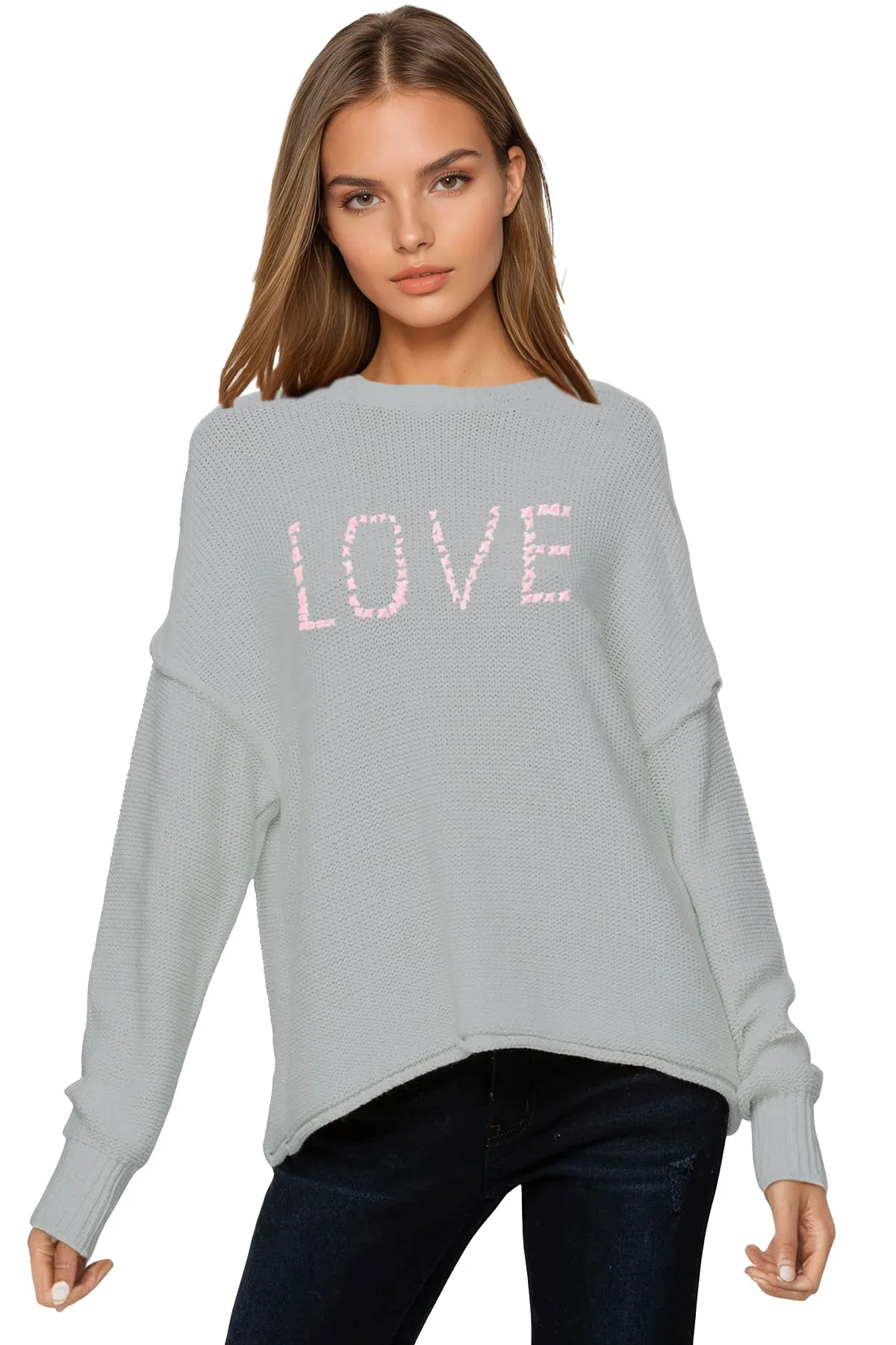 Chunky Cotton Blend Pullover Sweater- Cross Stitch "Love" hand embroidery